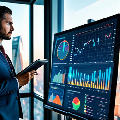 A professional male investor in a modest business suit, fully clothed, is intently reviewing a holographic data display showing complex real estate market analytics and portfolio performance charts. He is standing in a sleek, futuristic office with large windows overlooking a vibrant city skyline at dusk, emphasizing advanced technology integration in real estate management. Perfect anatomy, correct proportions, well-formed hands, natural pose, professional dress, appropriate attire, safe for work, high-resolution, detailed, cinematic lighting, appropriate content, family-friendly.