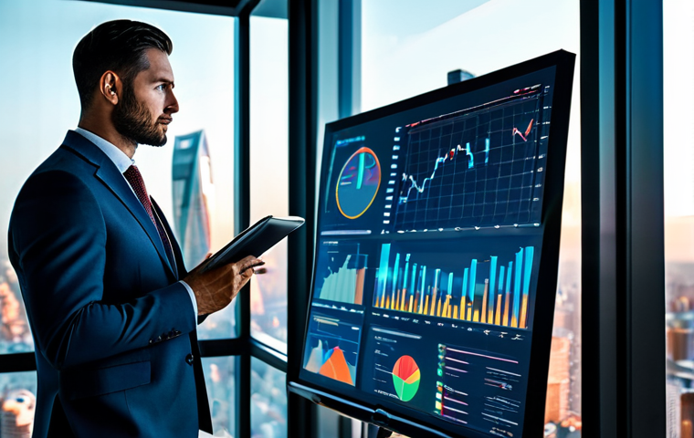 A professional male investor in a modest business suit, fully clothed, is intently reviewing a holographic data display showing complex real estate market analytics and portfolio performance charts. He is standing in a sleek, futuristic office with large windows overlooking a vibrant city skyline at dusk, emphasizing advanced technology integration in real estate management. Perfect anatomy, correct proportions, well-formed hands, natural pose, professional dress, appropriate attire, safe for work, high-resolution, detailed, cinematic lighting, appropriate content, family-friendly.