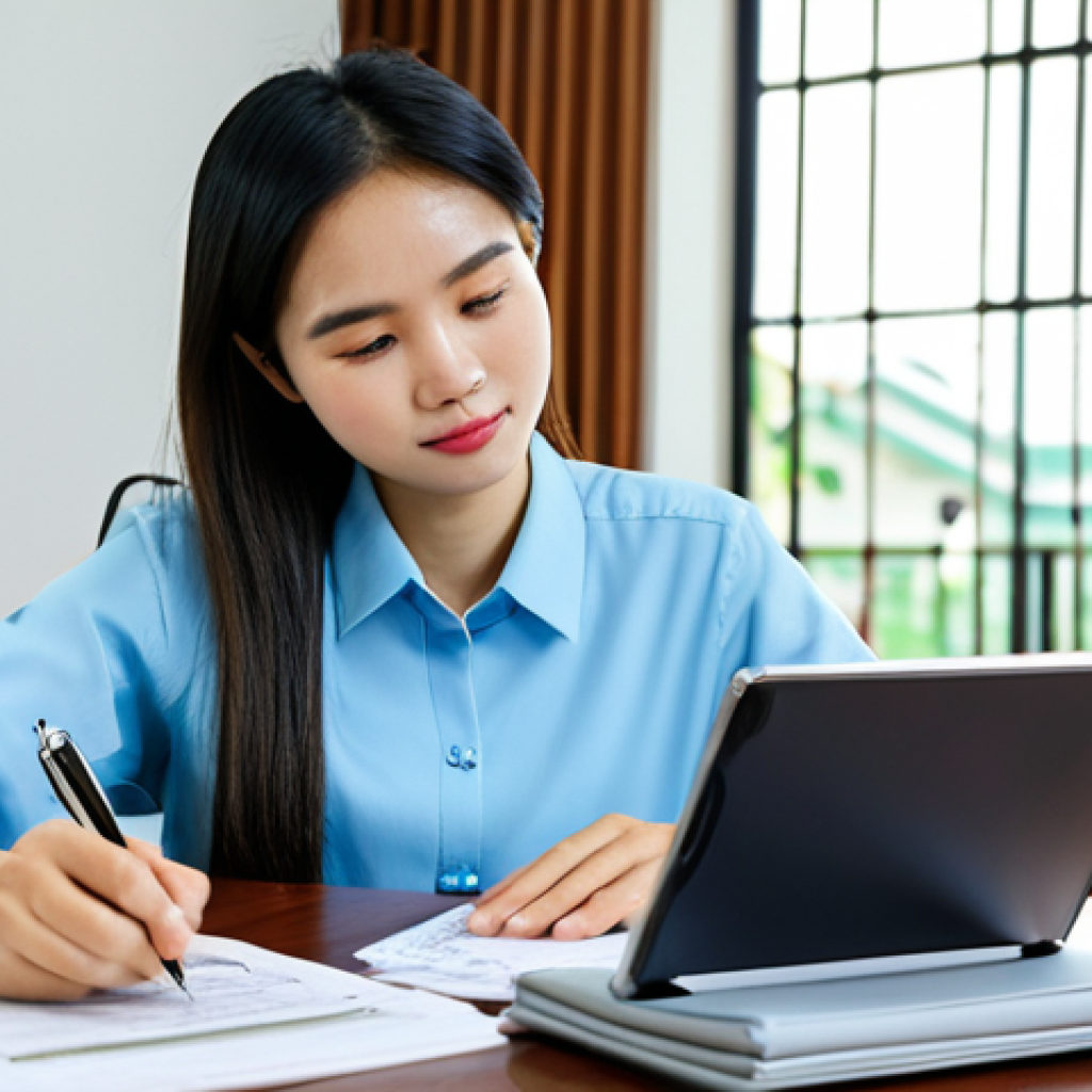 A focused young Vietnamese woman, aged 28, with a serene expression, sitting comfortably at a modern wooden desk in her well-lit home office. She is dressed in a modest, light blue professional blouse and dark trousers, fully clothed, appropriate attire. Her hands are resting on a tablet displaying a financial tracking application, with a notebook open beside it. Scattered on the desk are a few neatly stacked Vietnamese đồng banknotes and a pen, symbolizing her careful management of local currency. The background features a blurred bookshelf and a window overlooking a peaceful urban Vietnamese street. The scene emphasizes financial organization and planning, reflecting a calm and empowered individual. Perfect anatomy, correct proportions, well-formed hands, natural body proportions, natural pose, professional photography, high quality, safe for work, appropriate content, professional, family-friendly.