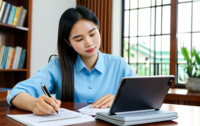 A focused young Vietnamese woman, aged 28, with a serene expression, sitting comfortably at a modern wooden desk in her well-lit home office. She is dressed in a modest, light blue professional blouse and dark trousers, fully clothed, appropriate attire. Her hands are resting on a tablet displaying a financial tracking application, with a notebook open beside it. Scattered on the desk are a few neatly stacked Vietnamese đồng banknotes and a pen, symbolizing her careful management of local currency. The background features a blurred bookshelf and a window overlooking a peaceful urban Vietnamese street. The scene emphasizes financial organization and planning, reflecting a calm and empowered individual. Perfect anatomy, correct proportions, well-formed hands, natural body proportions, natural pose, professional photography, high quality, safe for work, appropriate content, professional, family-friendly.