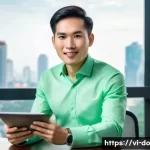 Home 20 자산 정리 효과 측정하기 - "A dynamic image featuring a young Vietnamese professional, dressed in smart business casual attire ...