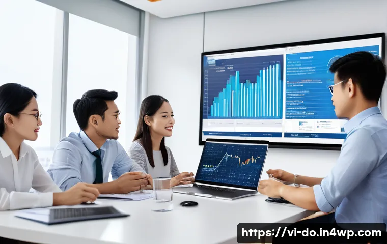 자산 정리 시스템 구축 시 예산 관리 - A professional office scene in Vietnam showing a diverse team of employees collaborating on a financ...