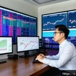 Home 21 정리된 자산의 가치 평가 방법 - A professional Vietnamese investor sitting at a modern office desk, surrounded by multiple digital s...