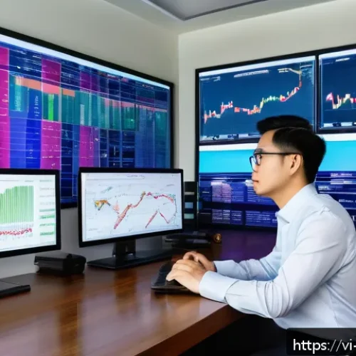 Home 15 정리된 자산의 가치 평가 방법 - A professional Vietnamese investor sitting at a modern office desk, surrounded by multiple digital s...