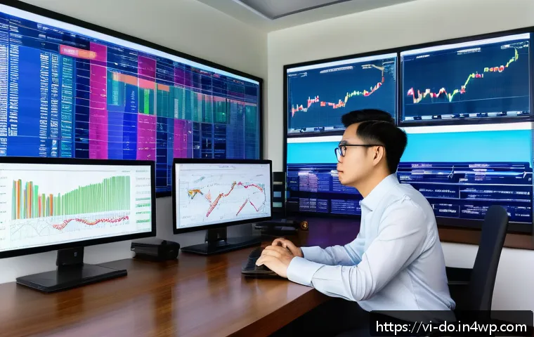 정리된 자산의 가치 평가 방법 - A professional Vietnamese investor sitting at a modern office desk, surrounded by multiple digital s...