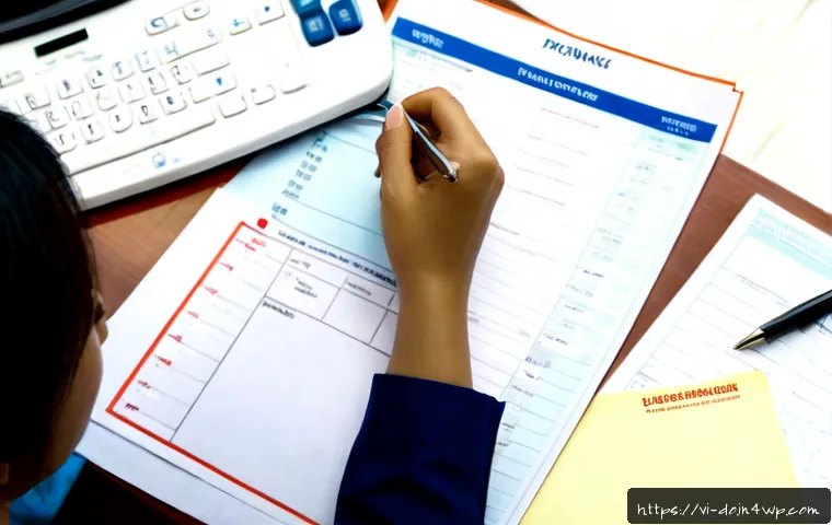 자산 정리 시스템 구축을 위한 체크리스트 - Photorealistic overhead view of a neatly organized home financial planning desk in Vietnam, middle-a...